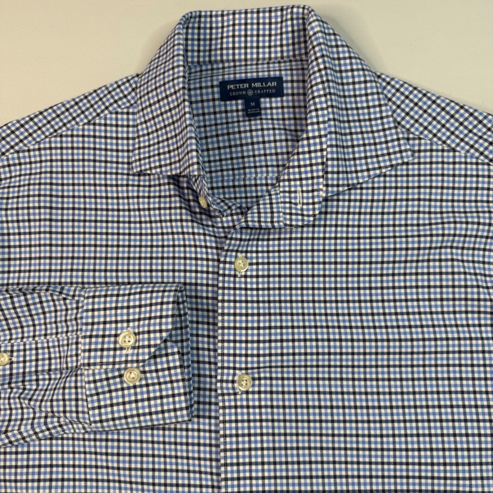 Peter Millar Crown Crafted Shirt Mens M Blue Check Performance Long Slv Stretch